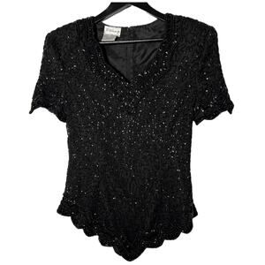 Vintage Stenay Top Black Beaded, Silk Large Sparkle 1980s Glamour